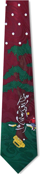 A great golf tie with golf clubs wrapped around a tree and a golfer storming off in the distance