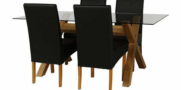 Part of the Hartley collection. Table: Size H75. L160. W90cm. Glass table. Wooden legs. Chairs: 4 chairs. Size of each chair H95. W44. D55cm. Rubberwood frame. Rubberwood legs. Leather effect seat pads and back rest. Oak stain finish. General feature