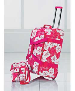 Pink and white. Material crinkle nylon. External pocket on shoulder bag. 2 wheels on wheeler holdall