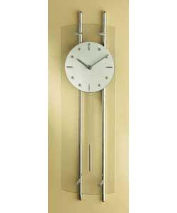 Chrome and glass. Quartz pendulum movement. Size (H)62.5, (W)18, (D)7.5cm. 1 x AA battery included