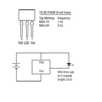 The M34 is a low voltage single output LED flashing controller IC that can drive several LEDs simult