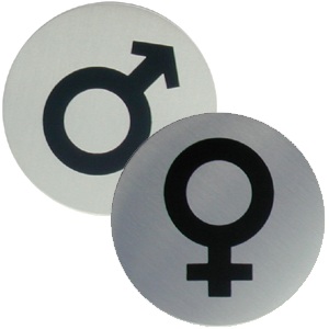 Urban steel bathroom signs in brushed stainless steel with self-adhesive on reverse.Diameter: 60mm