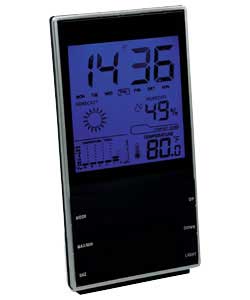 BlackAlarm clock.Calendar.Indoor temperature and humidity.Wall mountable.Blue Backlight.Temperature 