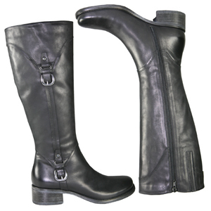 A knee length boot from Jones Bootmaker. With overlaid Leather and stitch detail to top, a decorativ