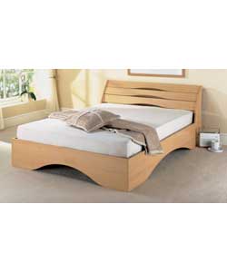 Maple effect bed with curved slatted headboard. So