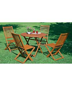 Sienna hardwood round table and 4 folding chairs.Dark brown.Table can be folded flat for