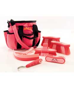 Deluxe bag with dandy brush, body brush, flick brush, face brush, hoof pick, sweat scrapper and carr