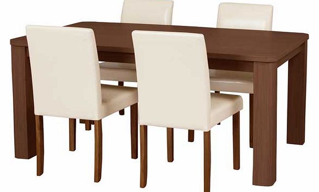 This real wood veneer dining table with 4 cream leather effect chairs is a neat dining set. perfect for families. The chunky design adds a contemporary twist to a classic style. Part of the Swanley collection. Table: Size H75. L120. W75cm. Wood table