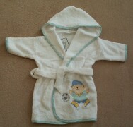 White towelling bath robe with blue/green stripe e