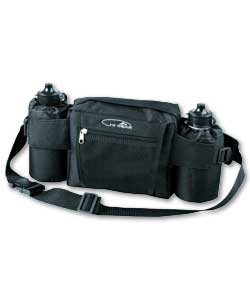 Black. 2 large zip pockets. 2 detachable drinking bottles