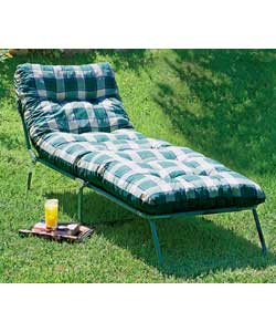 Green check.Tubular steel.Full length 198cm.Adjustable multiposition backrest.Folds flat for