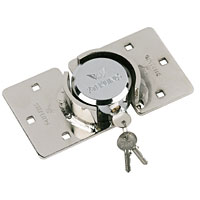 Heavy duty, nickel chrome plated hardened steel Lock Hasp and Shackleless Padlock. For sliding