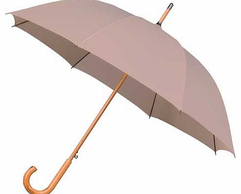 Strong fibreglass frame. automatic umbrella with traditional wooden shaft and crook handle. Canopy width approximately 94cm (37`) and overall length 89cm (35`). Keep away from fire.