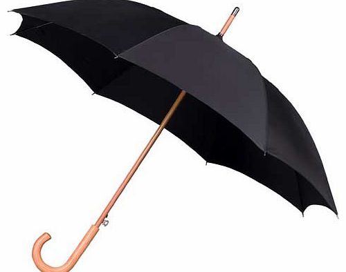 Strong fibreglass frame. automatic umbrella with traditional wooden shaft and crook handle. Canopy width approximately 94cm (37`) and overall length 89cm (35`). Keep away from fire.