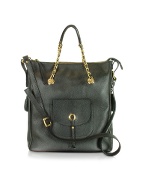 Front Pocket Grained Leather Tote Shoulder Bag