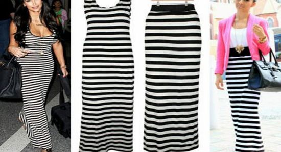 Vavoom Fashion LADIES CELEB STRIPED MONOCHROME STRETCH JERSEY WOMENS LONG MAXI SKIRT DRESS S,M,L,XL (8-16) (S-M (8-10), Thick Stripe Dress)