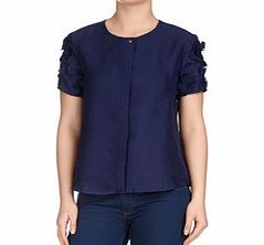 Navy pure silk collarless shirt