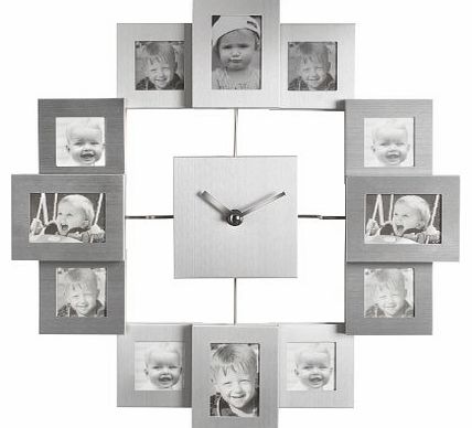 Brushed Aluminium Photo Frame Clock - Holds 12 Photos