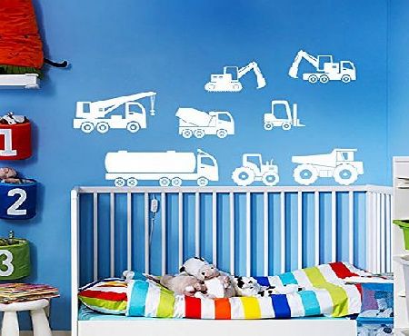 Wall Designer Work Vehicles Wall Art Sticker Set - Lorry, Digger, Forklift, Tractor, Crane