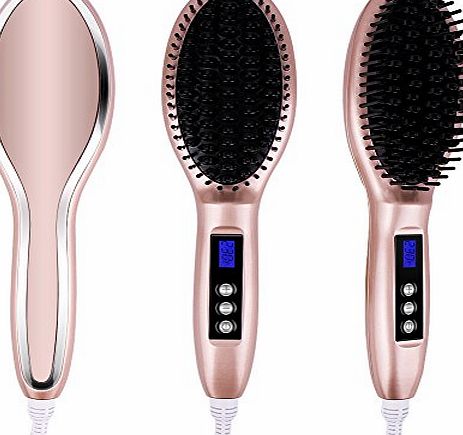 Wawoo Ceramic Anion Hair Straightener Brush, LCD Temperature Display Massage Styling Hair Straightening Brush Auto Lock, 30-min Timer, Anti Scald, Straighten Dull Frizz Curly Hair into Smooth Silky St