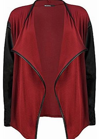 Womens Wet Look Trim Long Sleeve Open Top Ladies Waterfall Cardigan - Wine - 8-10