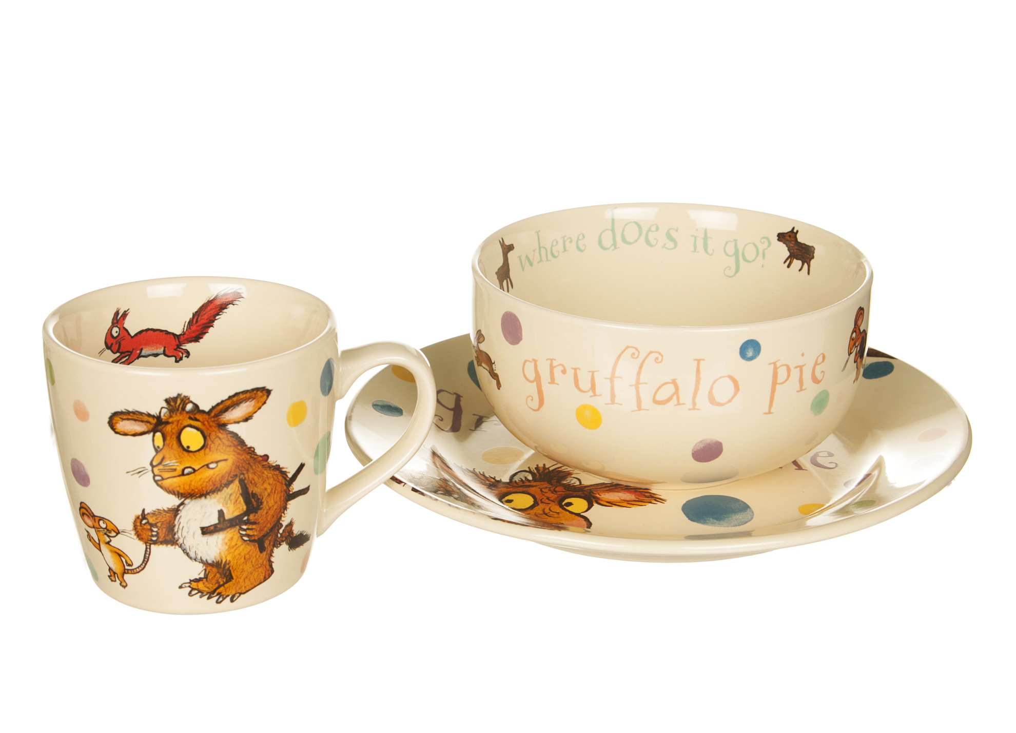 Wild and Wolf Gruffalo Child 3-Piece Spotty Ceramic Set With