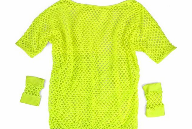 WMA SWT Neon Yellow Ladies Fancy Dress Mesh Net Vest Lingerie Top Sexy Costume